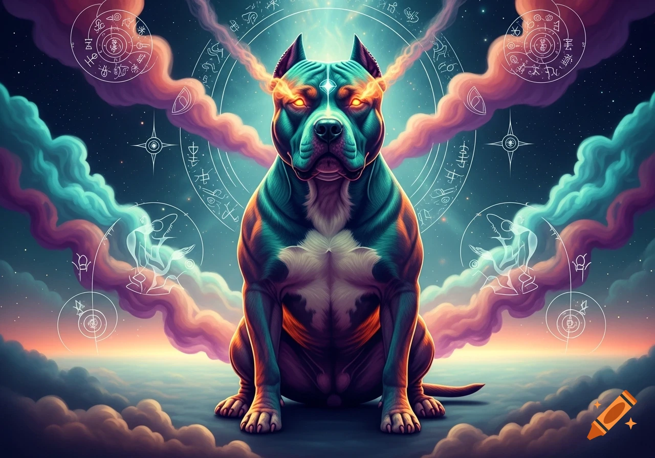 A stylized pitbull with glowing orange eyes sits majestically amidst vibrant, swirling clouds and mystical symbols against a star-filled sky.