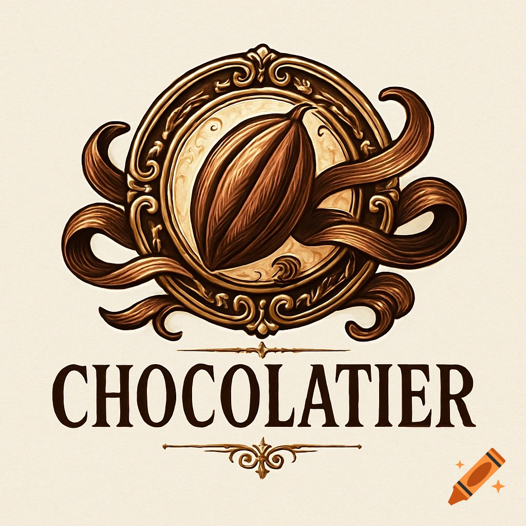 A vintage-style logo featuring a brown cocoa pod framed by ornate gold and brown scrollwork, with "CHOCOLATIER" below.