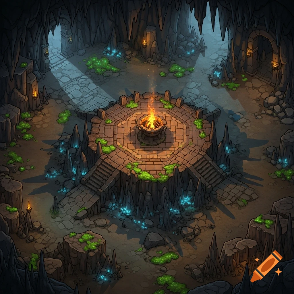 Top-down fantasy battlemap of a cave with a raised hexagonal platform, central burning brazier, and glowing blue crystals.