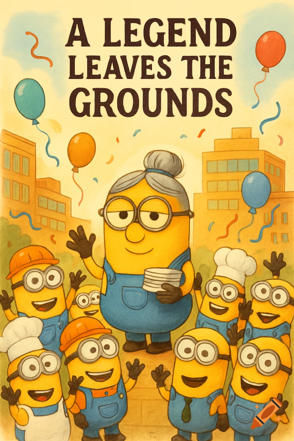A cartoon Minions illustration shows an older Minion waving goodbye surrounded by other Minions in uniforms, under the text 'A LEGEND LEAVES THE GROUNDS'.