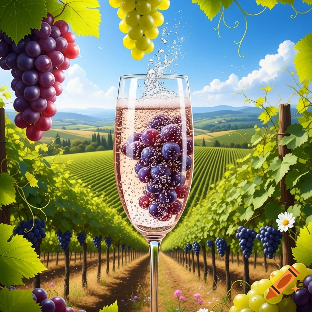 A champagne flute filled with purple grapes and sparkling liquid stands in a sunny vineyard, with lush green rows and grape clusters hanging from vines.
