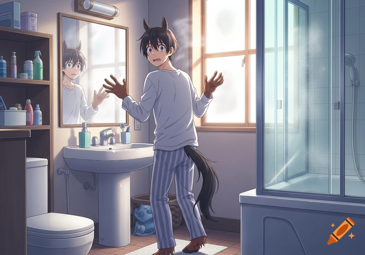 Anime guy with horse ears, hooves, and a tail, wearing pajamas, looking shocked at his reflection in a bathroom mirror.