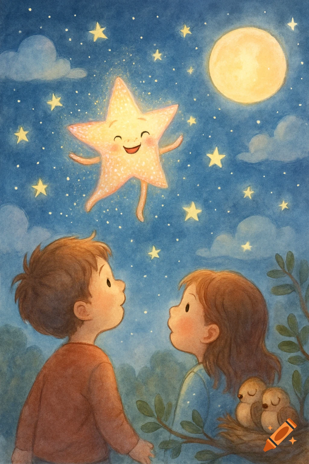 A watercolor illustration of two children looking up at a glowing ...