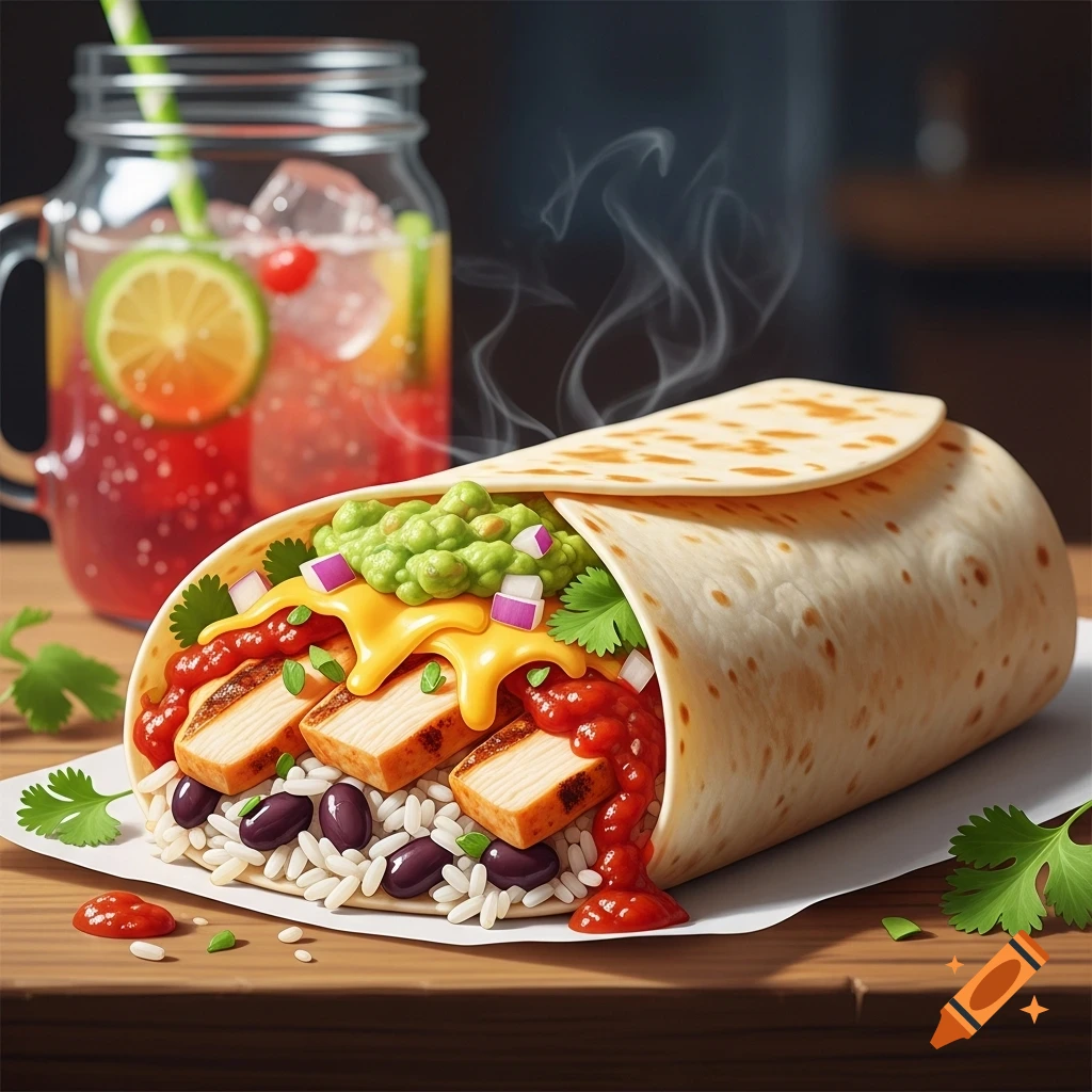 A photorealistic burrito filled with grilled chicken, rice, black beans, guacamole, and cheese sauce, next to a fruit drink.