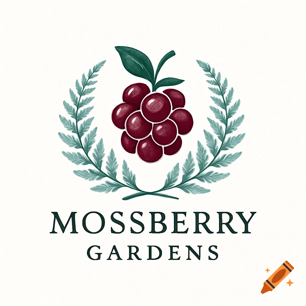Logo for Mossberry Gardens with red berries and green fern leaves.