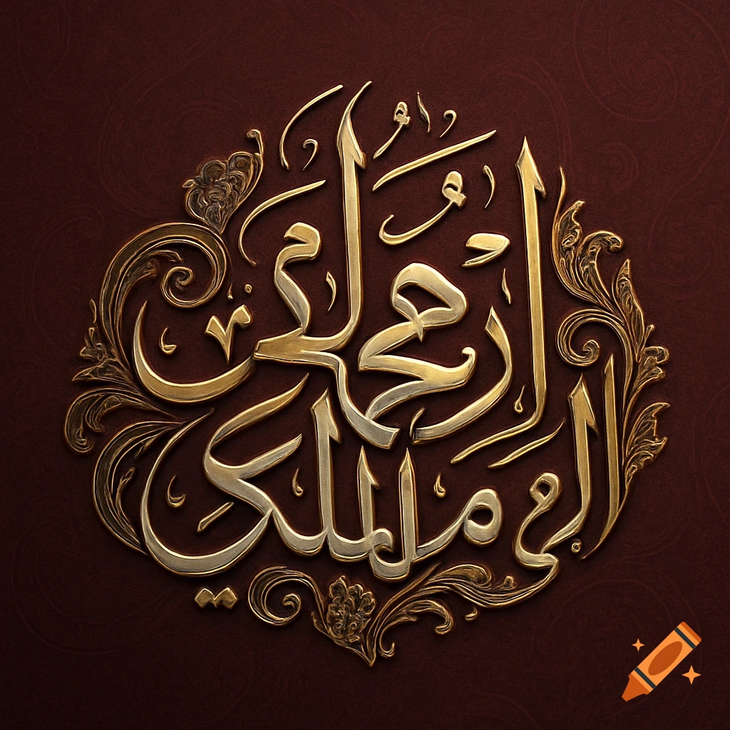 Ornate gold Arabic calligraphy logo forming the name 'Adam bin Muhammad al-Maliki' on a dark red textured background.