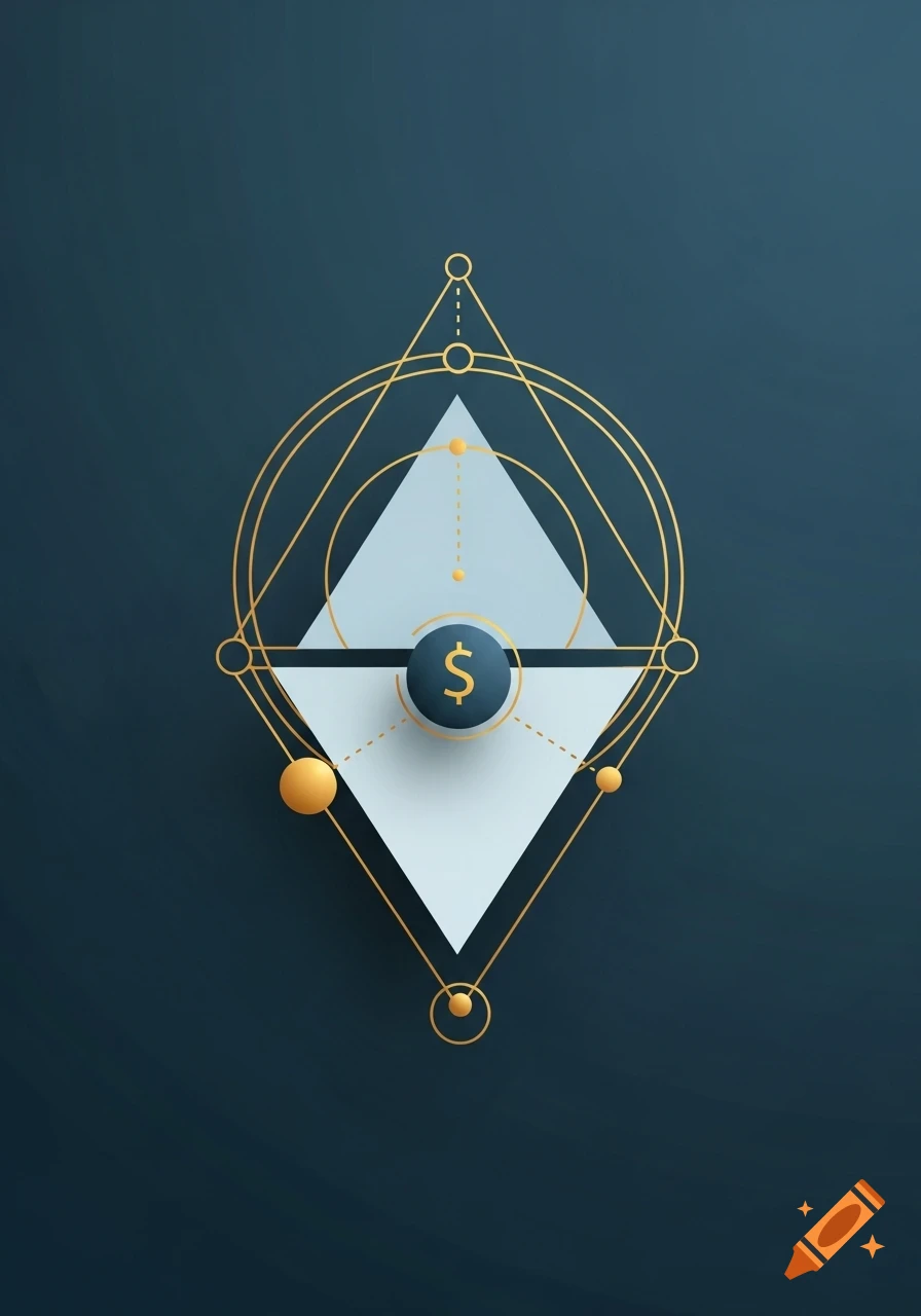 Minimalist abstract art featuring a central white diamond shape outlined by golden geometric lines and circles on a dark blue background. A dark blue sphere with a gold dollar sign is centered on the diamond, flanked by smaller gold spheres.