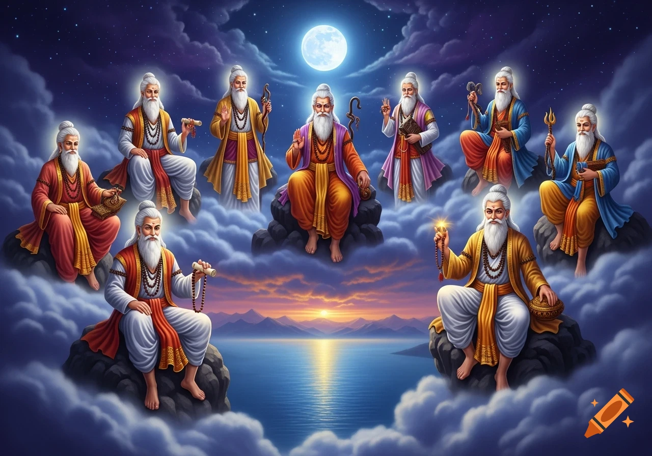 Nine ancient Vedic sages with white beards and traditional attire sit on clouds and rocks, under a full moon and starry sky, with a sunset over water below.