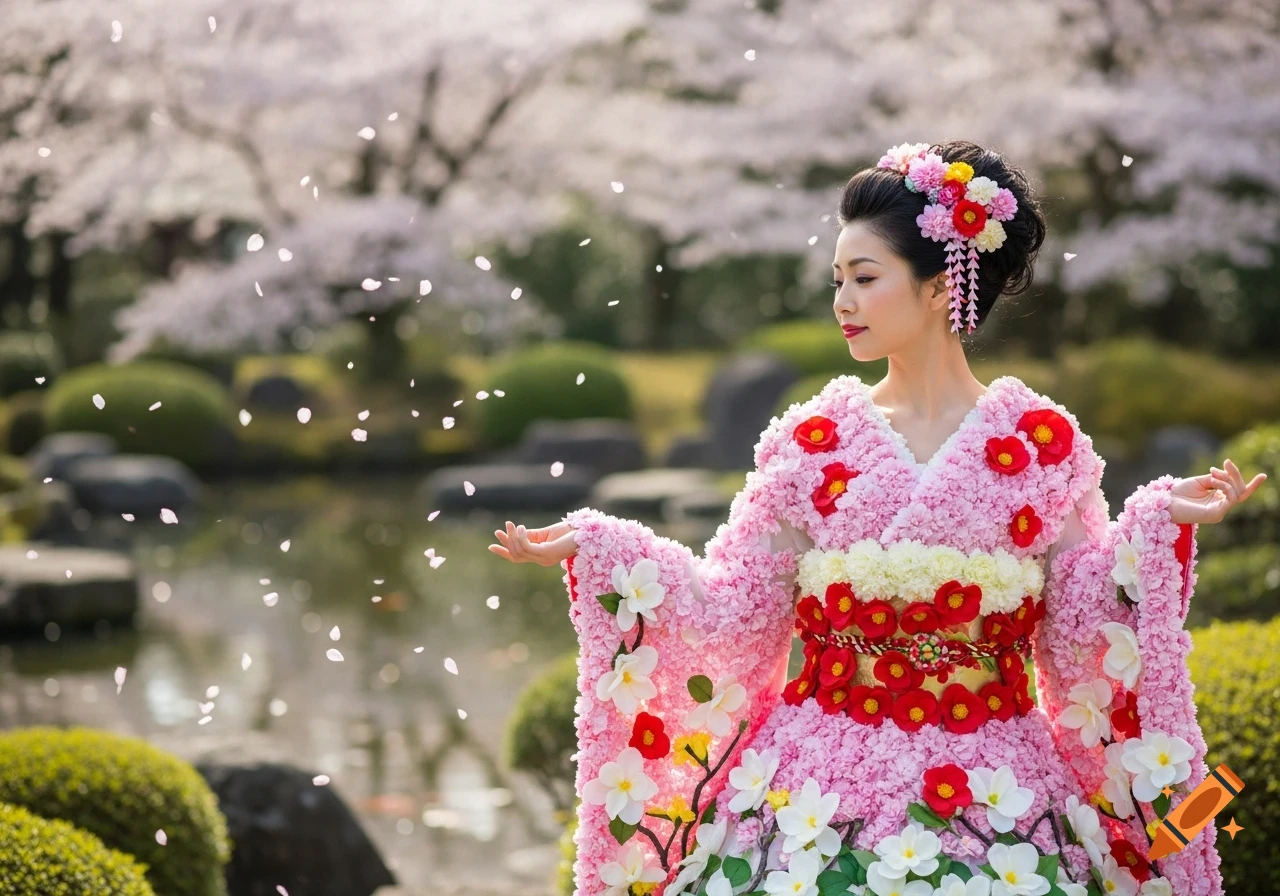 A Japanese woman in a vibrant pink floral kimono stands in a garden with cherry blossoms falling around her.