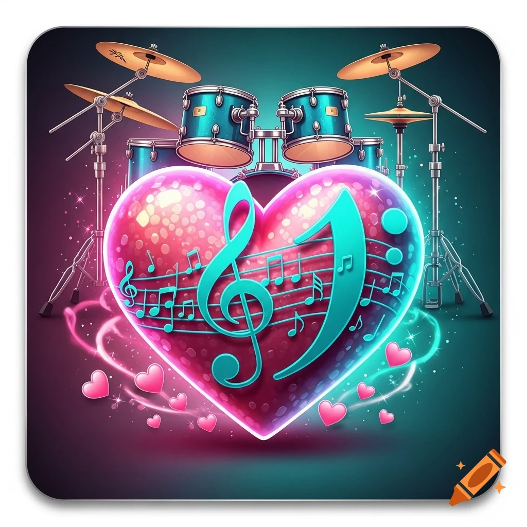 A vibrant pink heart with a teal treble clef and musical notes, with a stylized drum set in the background against a pink and teal gradient.