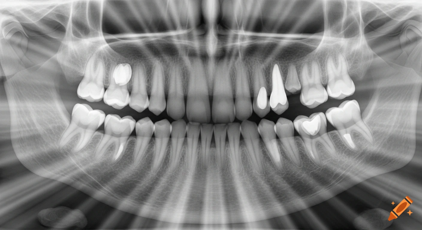 A panoramic dental X-ray showing a full set of teeth with developing, mesio-angled lower wisdom teeth.