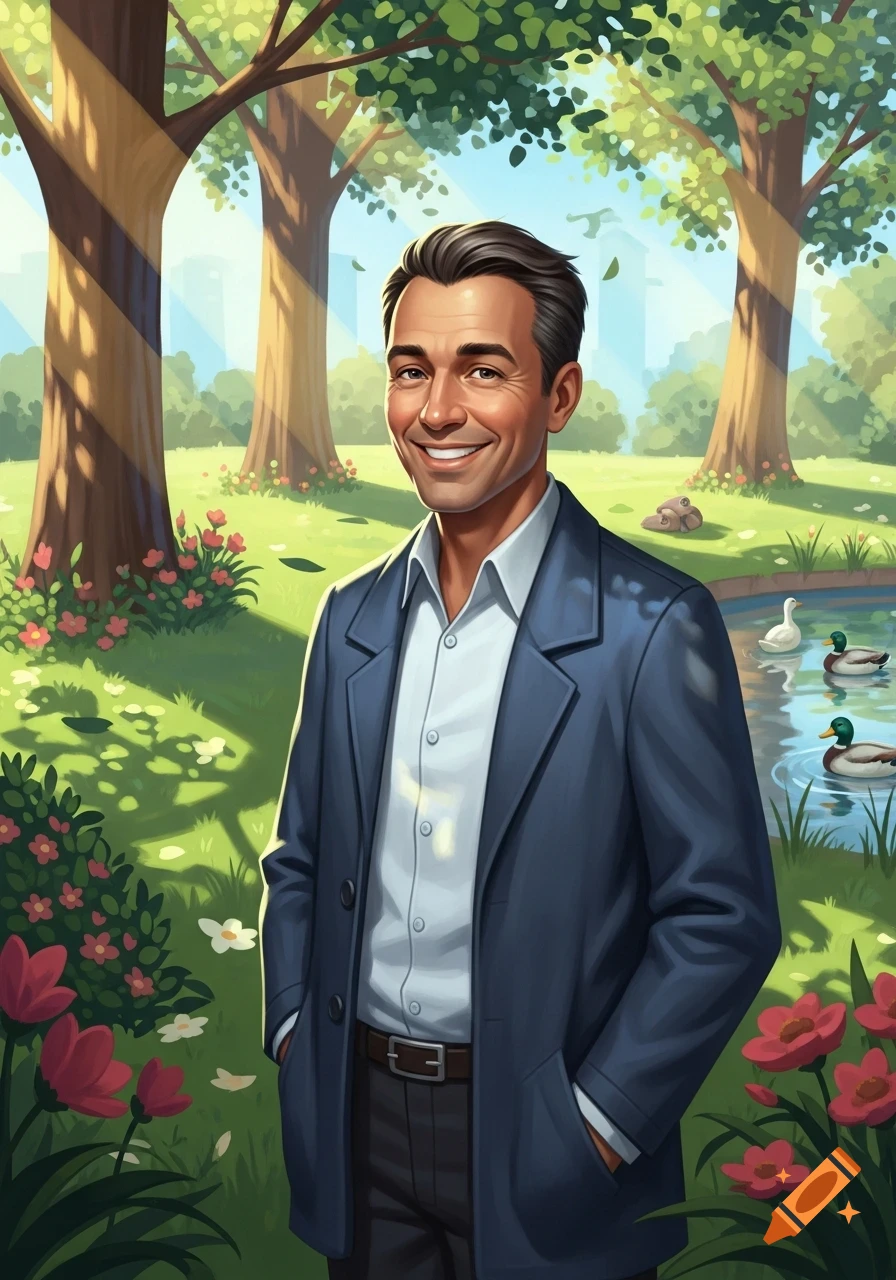 A smiling man in a blue jacket and white shirt stands in a sunny cartoon park with trees, flowers, and ducks in a pond.