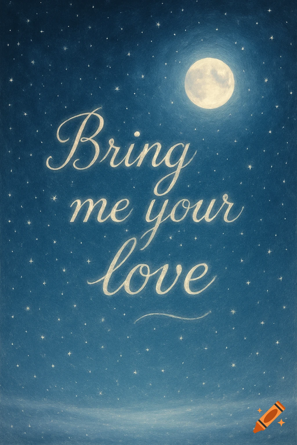 A full moon shines in a dark starry night sky with the words 'Bring me your love' written in elegant script.