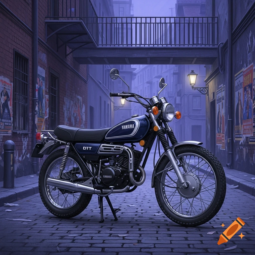 A vintage dark blue Yamaha motorcycle with chrome details is parked on a cobblestone street in a moody, dimly lit alley with brick buildings.