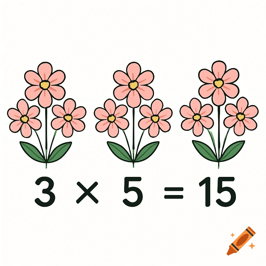 A simple illustration showing three bunches of pink flowers with green stems above the equation "3 x 5 = 15" on a white background.