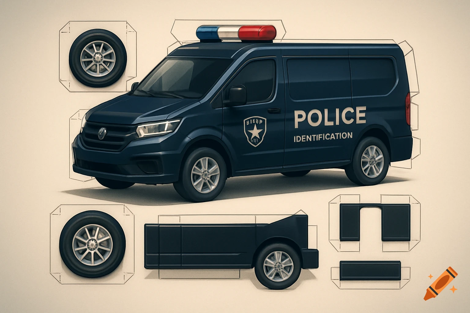 A dark blue police van shown as a technical drawing for a model kit, with cut lines and separate components.