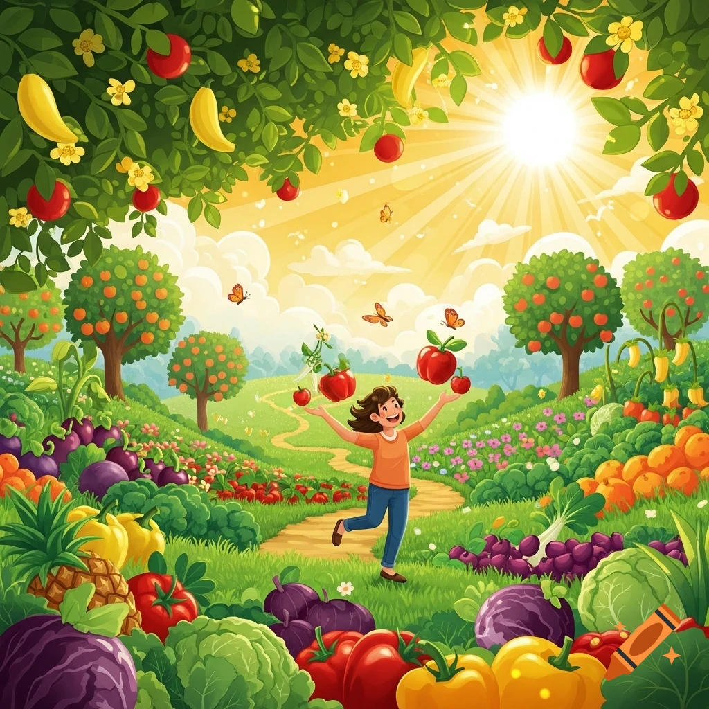 Cheerful child juggling apples in a vibrant, sunny garden overflowing with various fruits and vegetables.