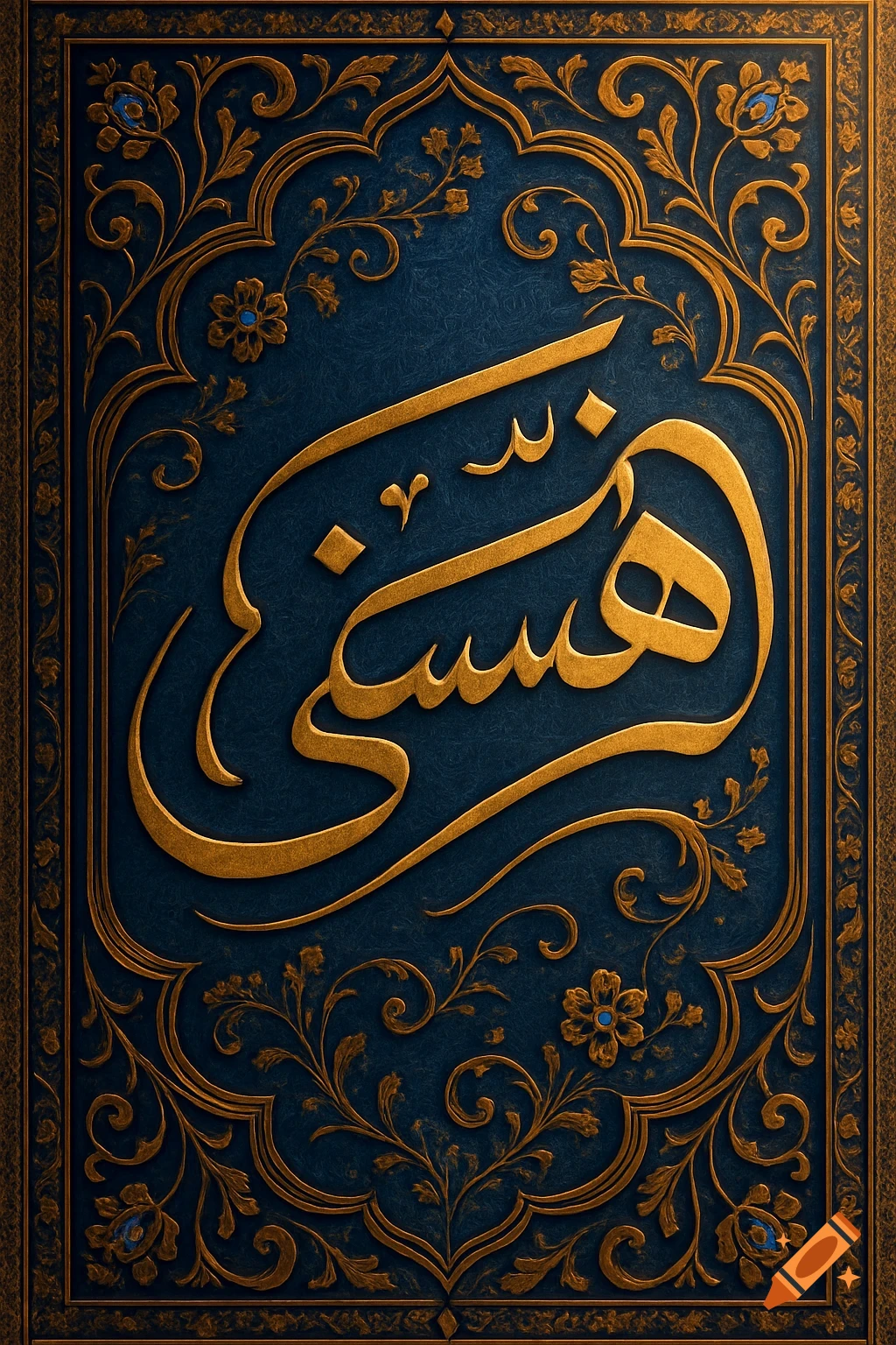 Golden Persian calligraphy spelling 'Hasti' on a dark blue textured background with ornate golden floral patterns and a decorative border.