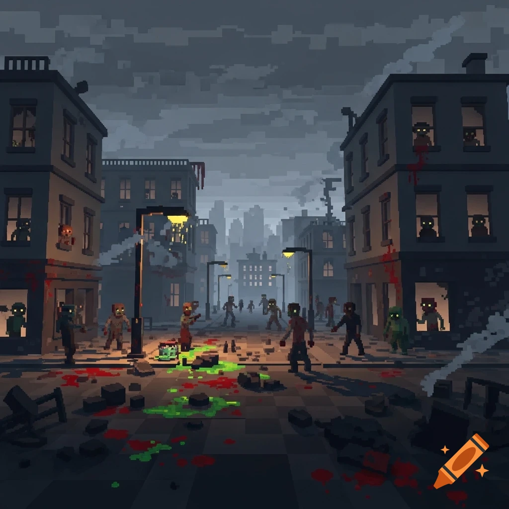 Pixel art of a dark, cloudy town street filled with numerous zombies, splattered with blood and green liquid.