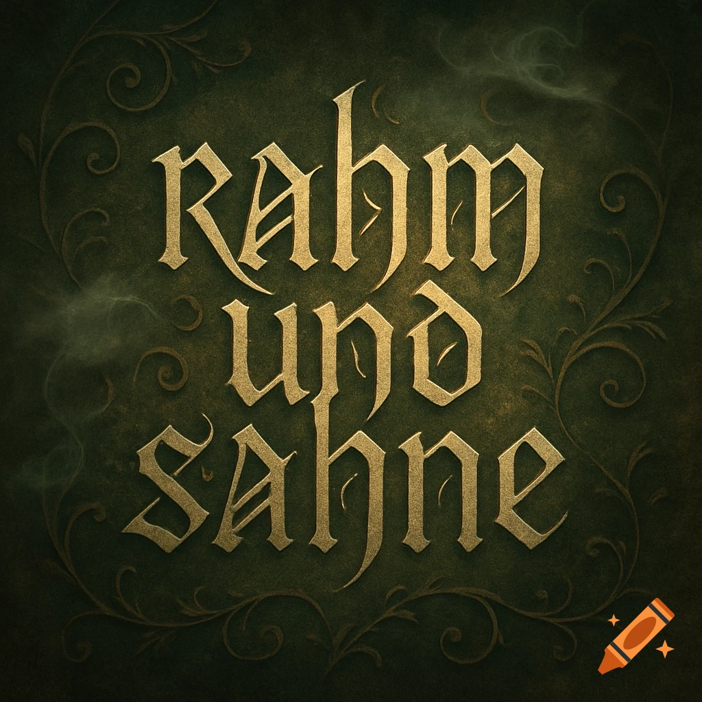 Ornate golden gothic text "RAHM und SAHNE" on a dark green textured background with subtle swirling patterns.