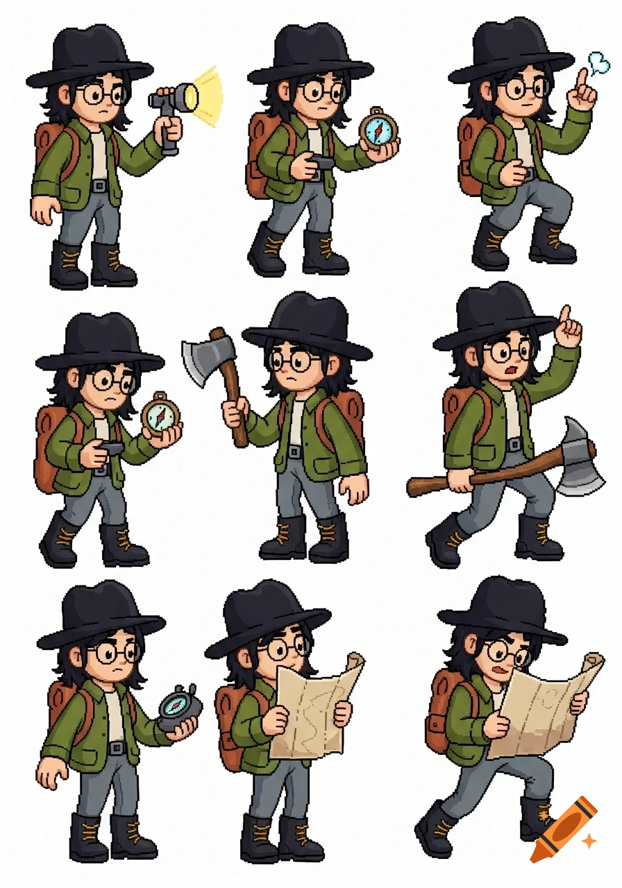 Pixel art sprite sheet of a young man explorer in various poses, holding tools like a flashlight, compass, axe, and map.