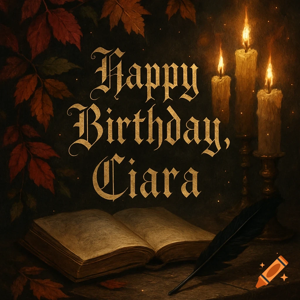 Gothic birthday card with 'Happy Birthday, Ciara' text, three lit candles, an open book, a quill, and autumn leaves. Painterly style.