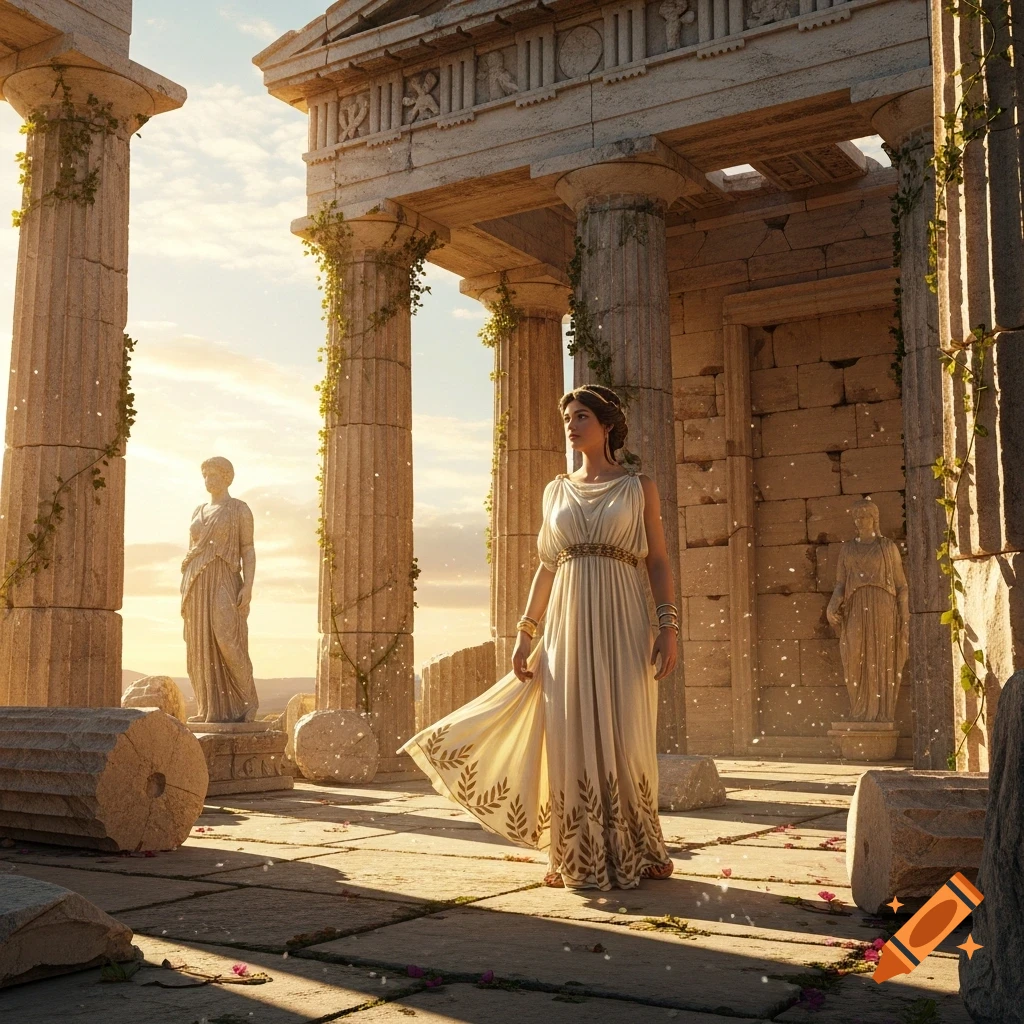 An ancient Greek woman in a white dress stands among the sunlit ruins of a classical temple with statues.