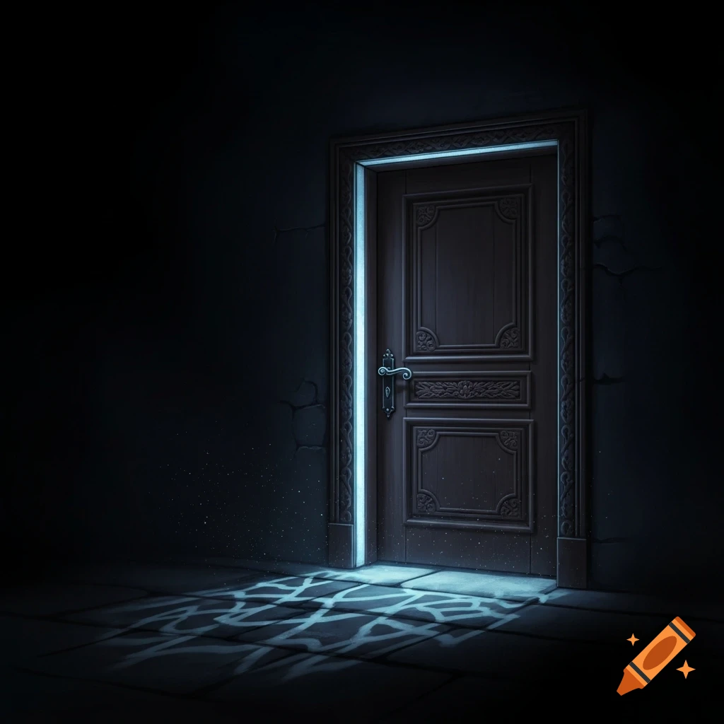 A dark room with an ornate wooden door glowing with blue light from its side, casting a patterned shadow on the floor.