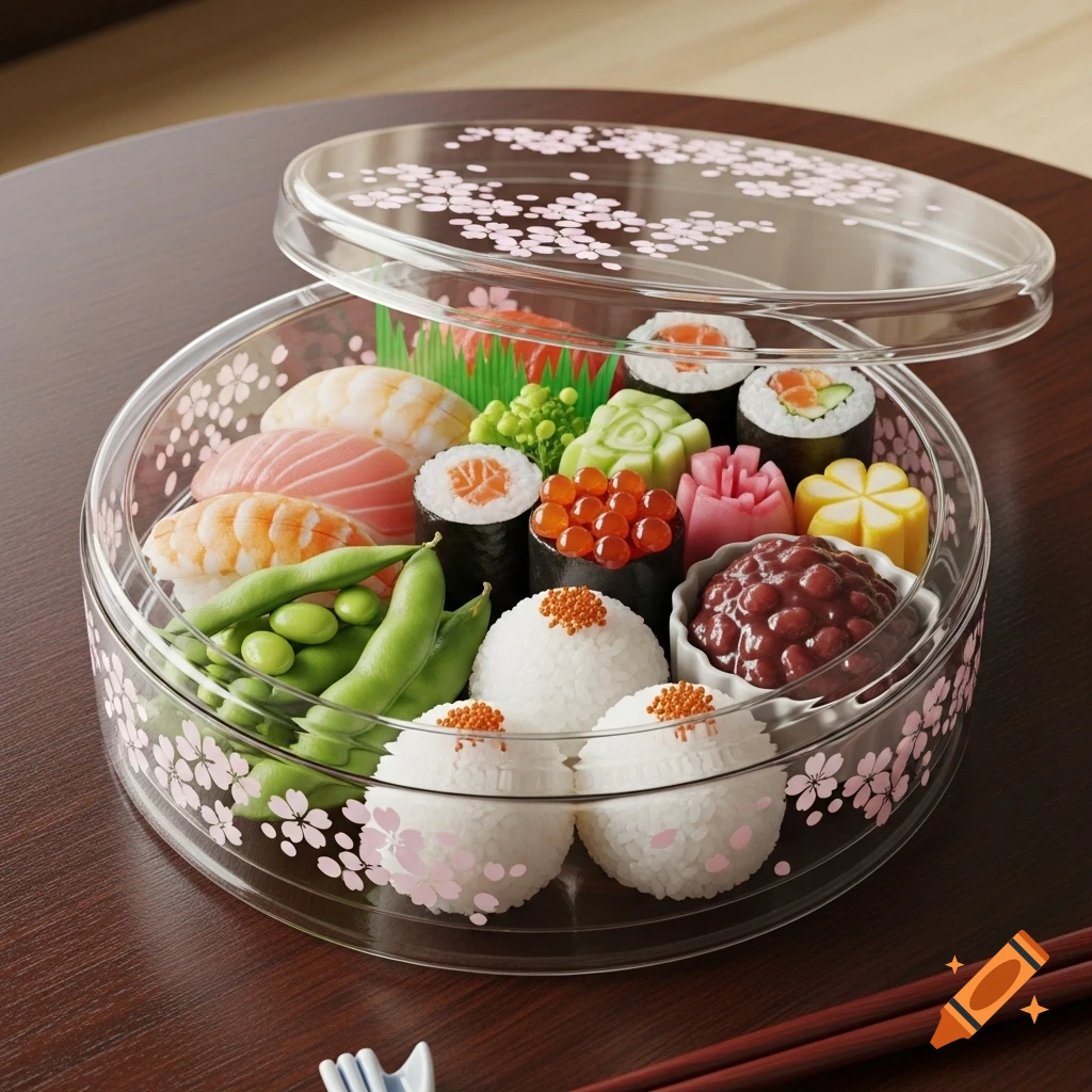 Photorealistic close-up of a clear round bento box with cherry blossom patterns, filled with sushi, onigiri, edamame, and other colorful Japanese dishes.