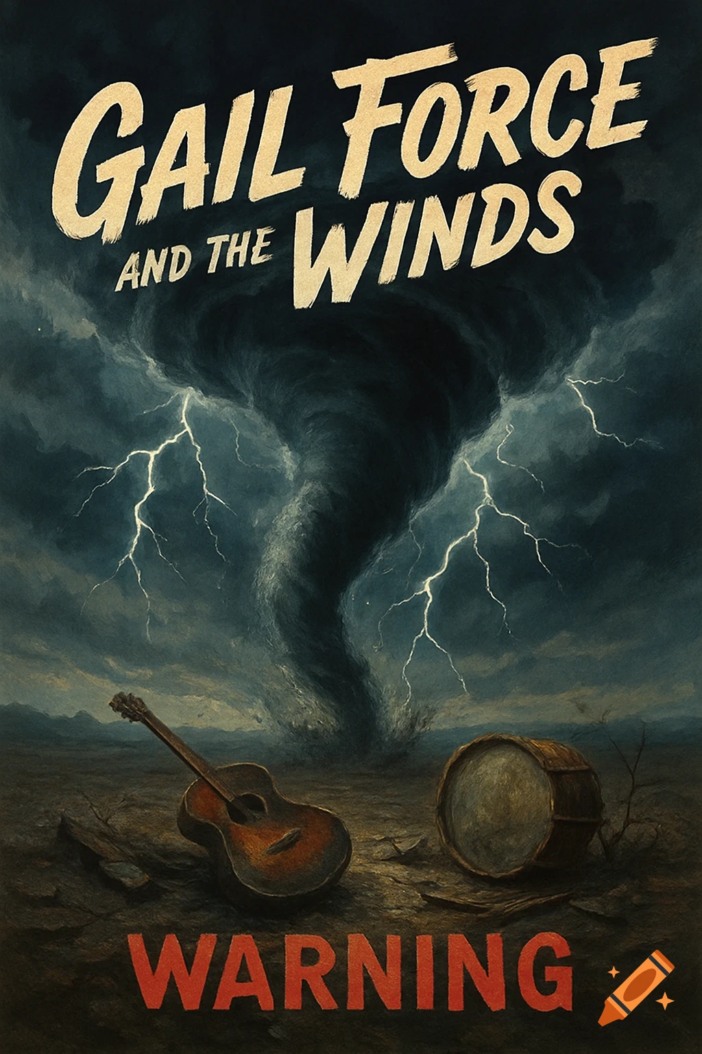 Album cover for 'Gail Force and the Winds - WARNING' showing a dramatic tornado, lightning, guitar, and drum.