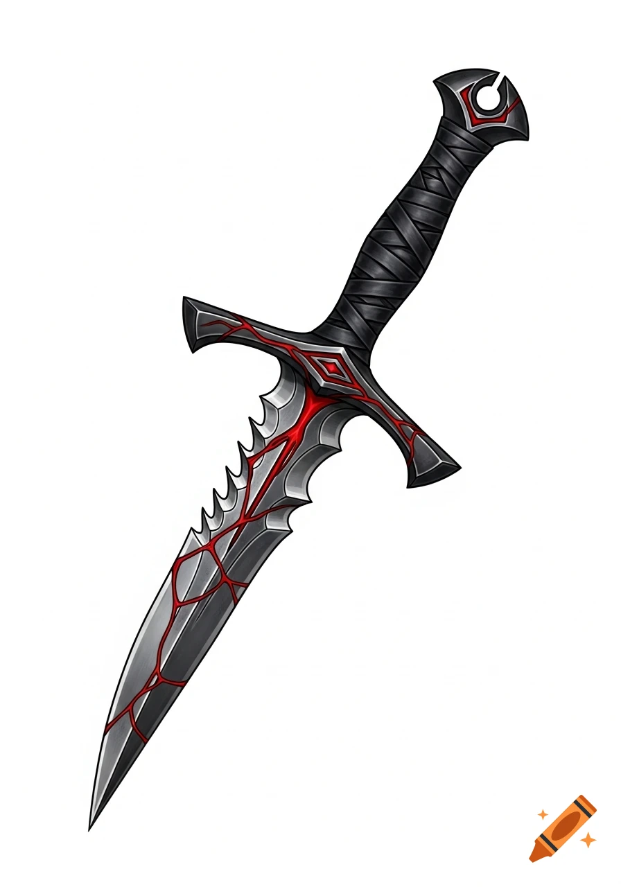A dark fantasy dagger with a black wrapped handle and a silver blade ...