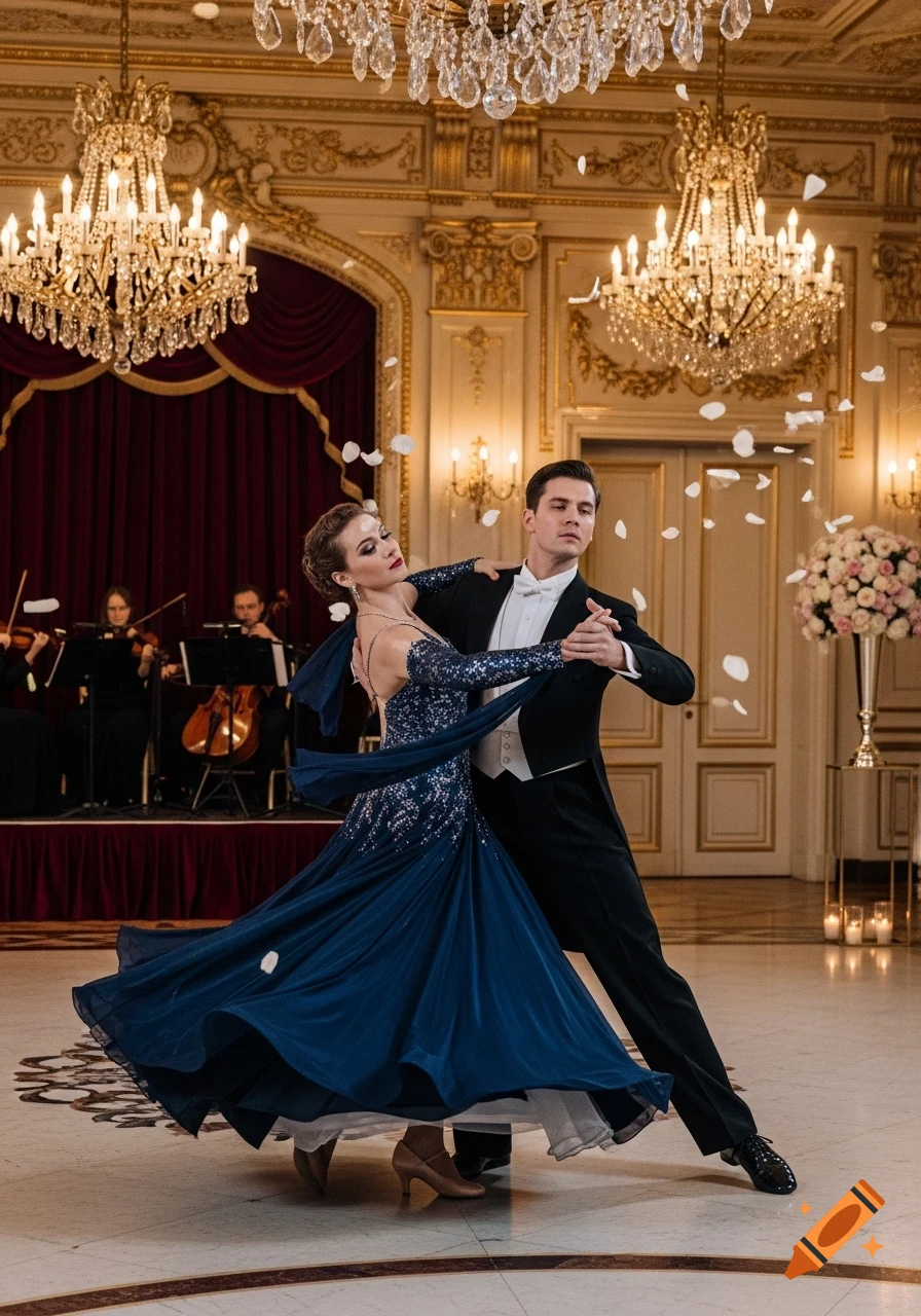 A couple ballroom dancing in an opulent hall under crystal chandeliers, with rose petals falling around them.