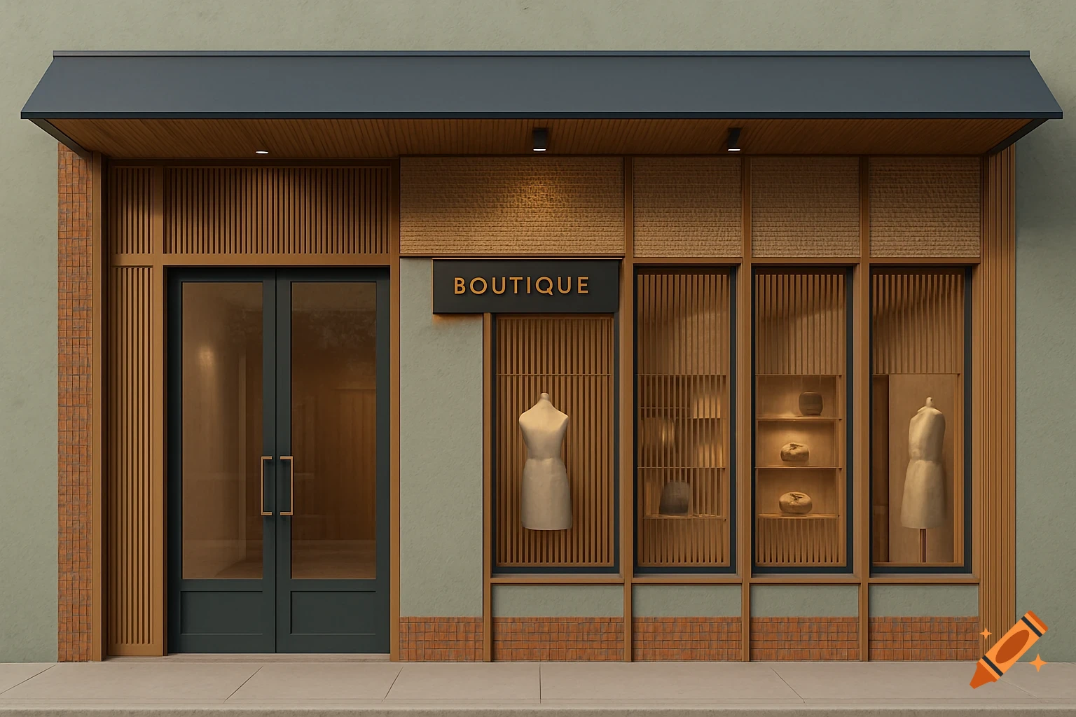 A modern boutique storefront featuring a navy awning, sage walls, wooden slats, and a brass 'BOUTIQUE' sign.