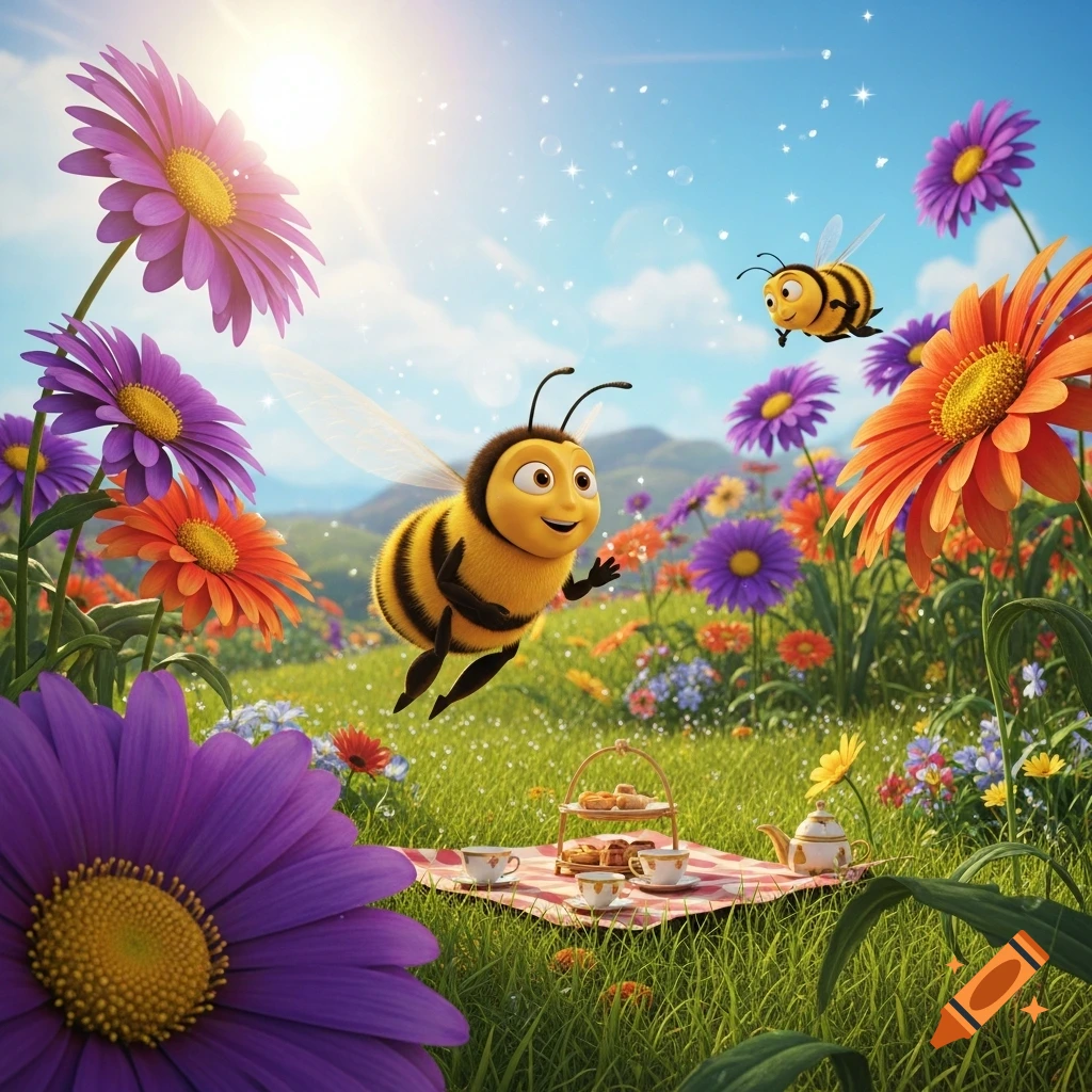 A vibrant cartoon scene of two smiling bees flying in a sunny flower field with a picnic blanket spread on the grass.