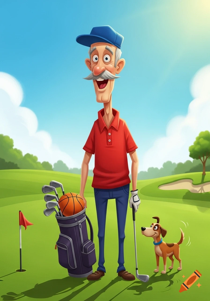 A tall, thin cartoon golfer with a mustache, red polo, and blue cap stands on a green with a basketball in his golf bag, next to a happy dog.
