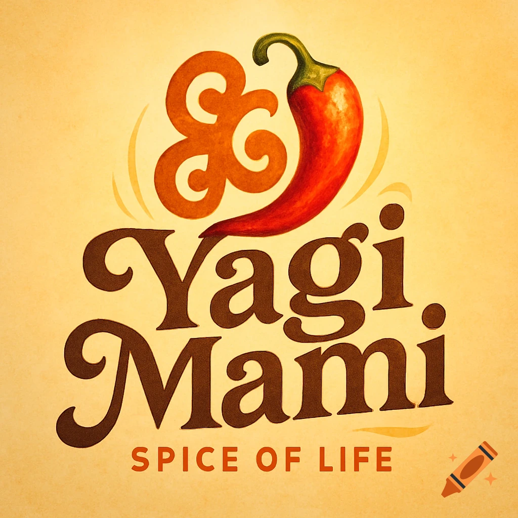 Illustrated logo for Yagi Mami Spice of Life featuring an abstract orange swirl and a red chili pepper on a warm yellow background.