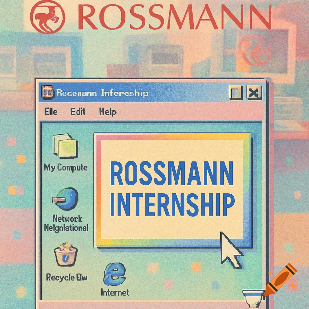 A retro-style image mimicking a Windows 98 desktop with a pop-up window displaying 'ROSSMANN INTERNSHIP' in blue text. The background shows a faded Rossmann logo and multiple old computer monitors.