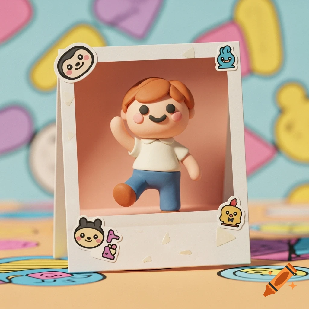 A cute claymation character with orange hair, a white shirt, and blue pants waves from inside a polaroid frame, surrounded by colorful abstract shapes.