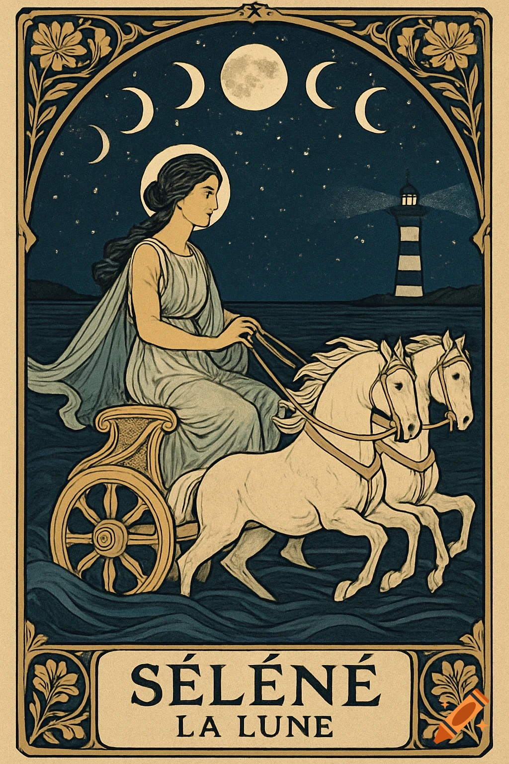 Art Nouveau tarot of Selene on a chariot pulled by white horses over waves under a starry night. Framed by florals, text 'SÉLÉNÉ LA LUNE'.