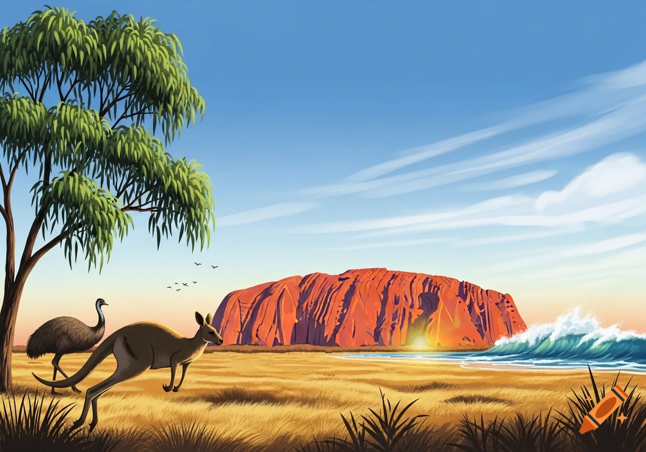 Stylized illustration of a kangaroo and emu in an Australian desert landscape with Uluru and an ocean wave at sunset.