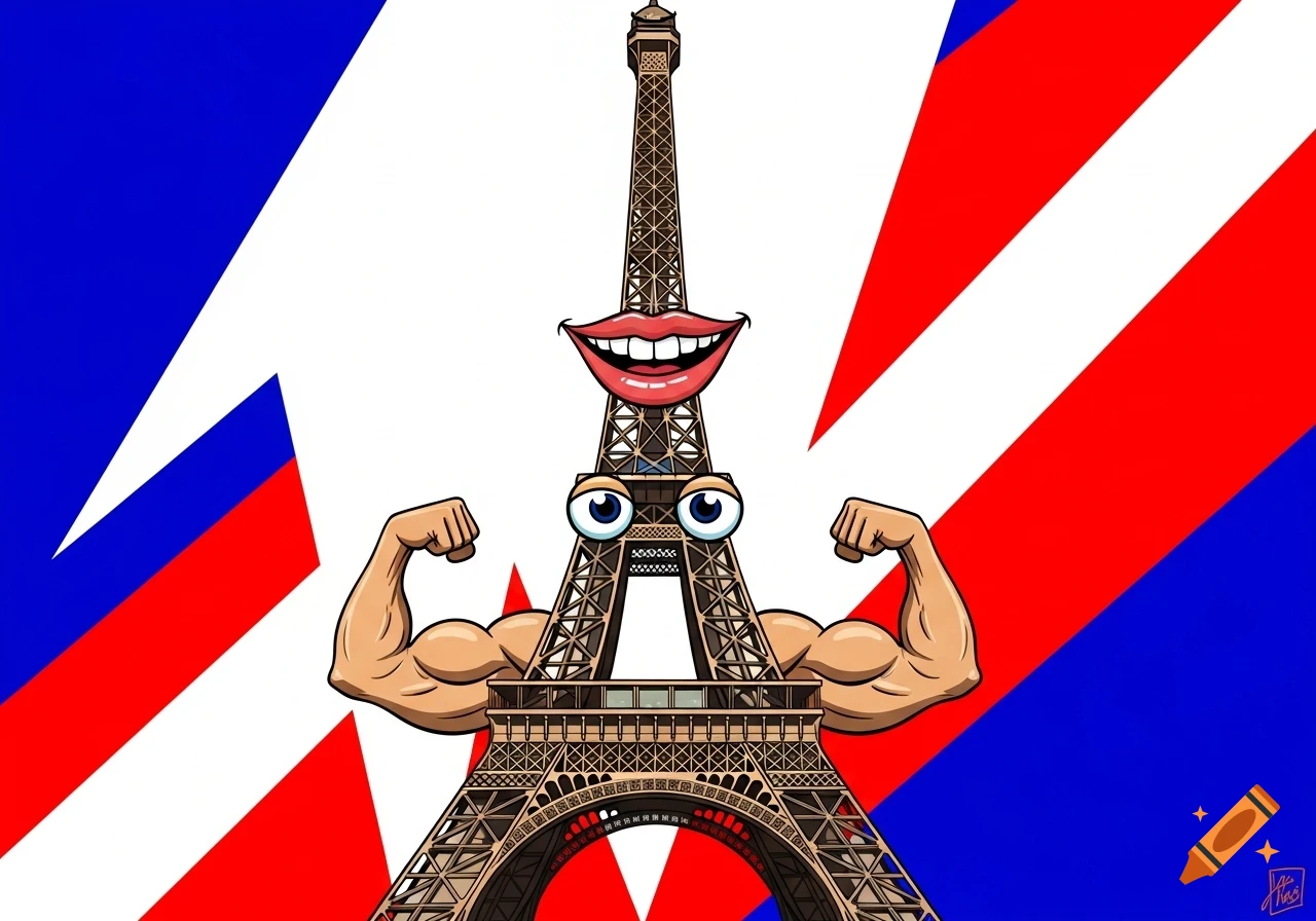 Cartoon Eiffel Tower with a smiling mouth, wide eyes, and muscular arms, against a background of diagonal blue, white, and red stripes.