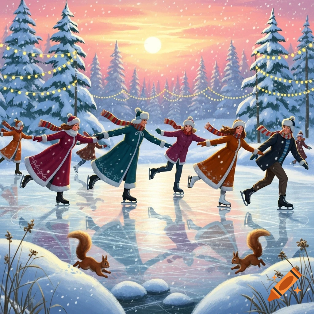 Illustrated scene of people ice skating in a snowy, festive winter forest at sunset, with squirrels in the foreground.