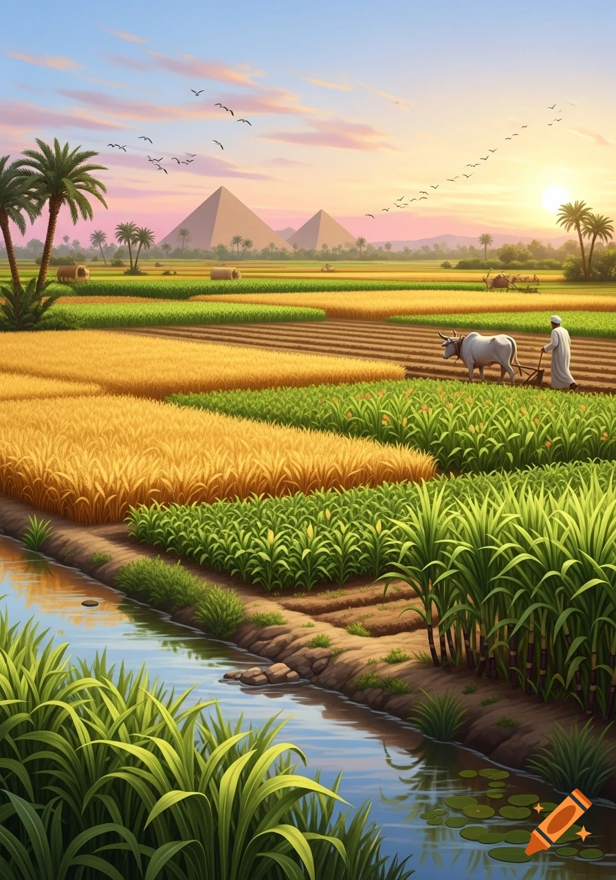 Stylized illustration of a farmer plowing fields with an ox near a river, palm trees, and pyramids under a sunset sky.