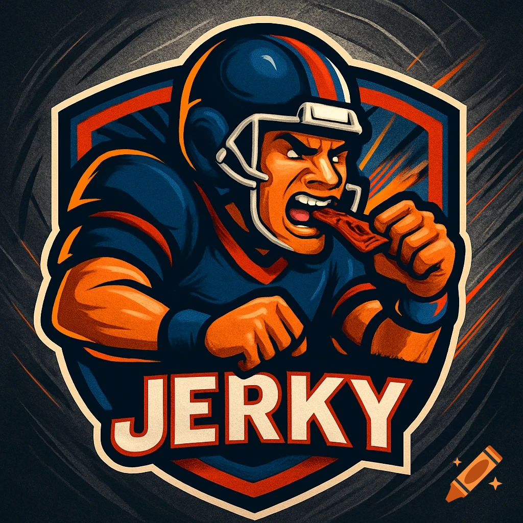 A stylized American football player in a helmet, intensely eating jerky, depicted in a sports logo design with the word 'JERKY' at the bottom.