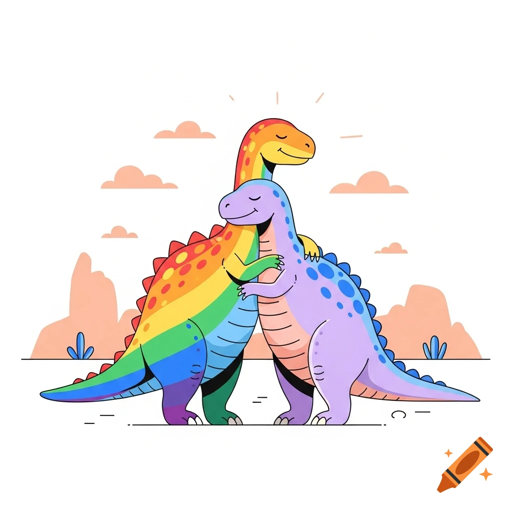 Two friendly cartoon dinosaurs, one rainbow-colored and one purple, hugging under a stylized sky.