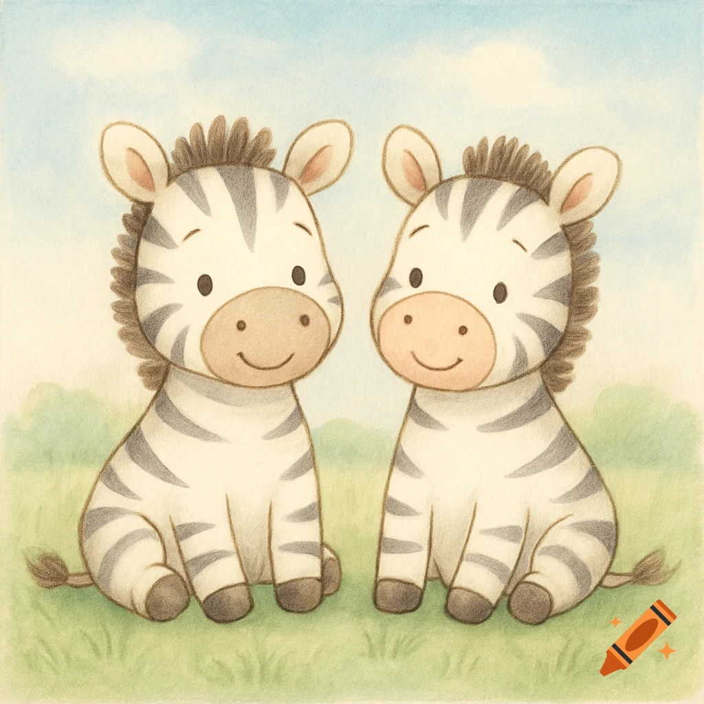 Two cute cartoon baby zebras sit happily in green grass under a light blue sky, in a children's book illustration style.