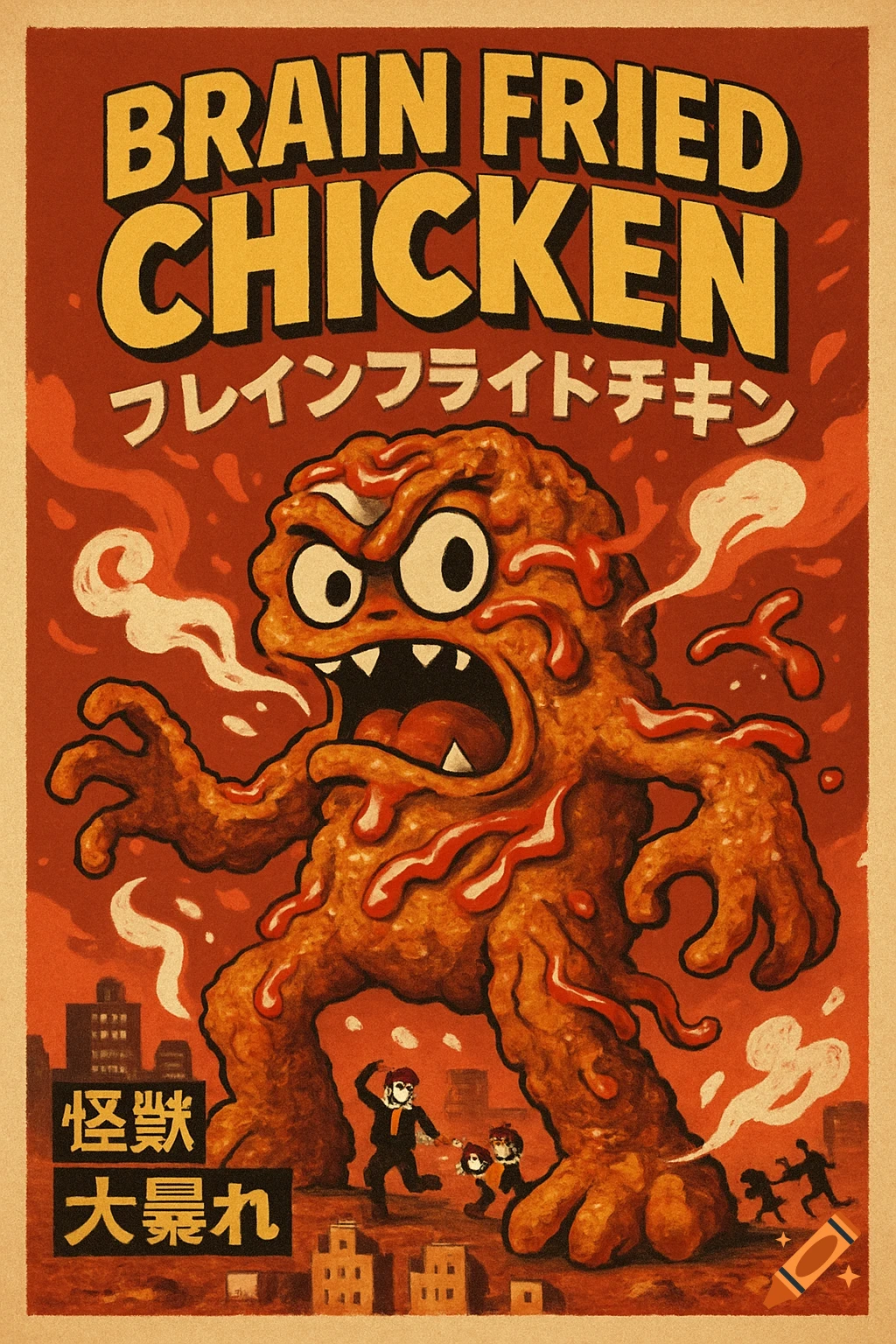 A vintage kaiju movie poster shows a monstrous fried chicken creature rampaging through a city, with tiny humans running below. Text reads "Brain Fried Chicken" in English and Japanese.