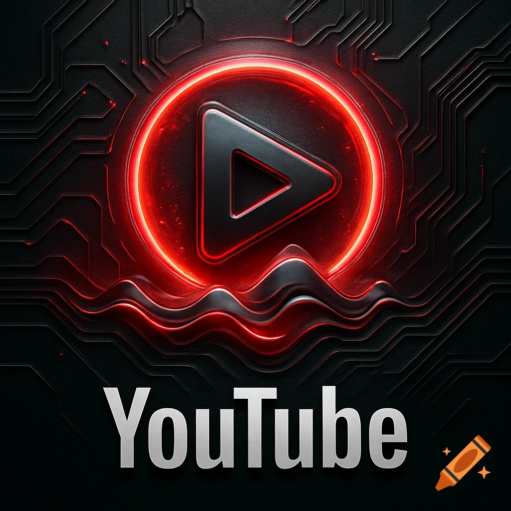 A stylized, dark YouTube logo with a glowing red play button icon and circuit board patterns.