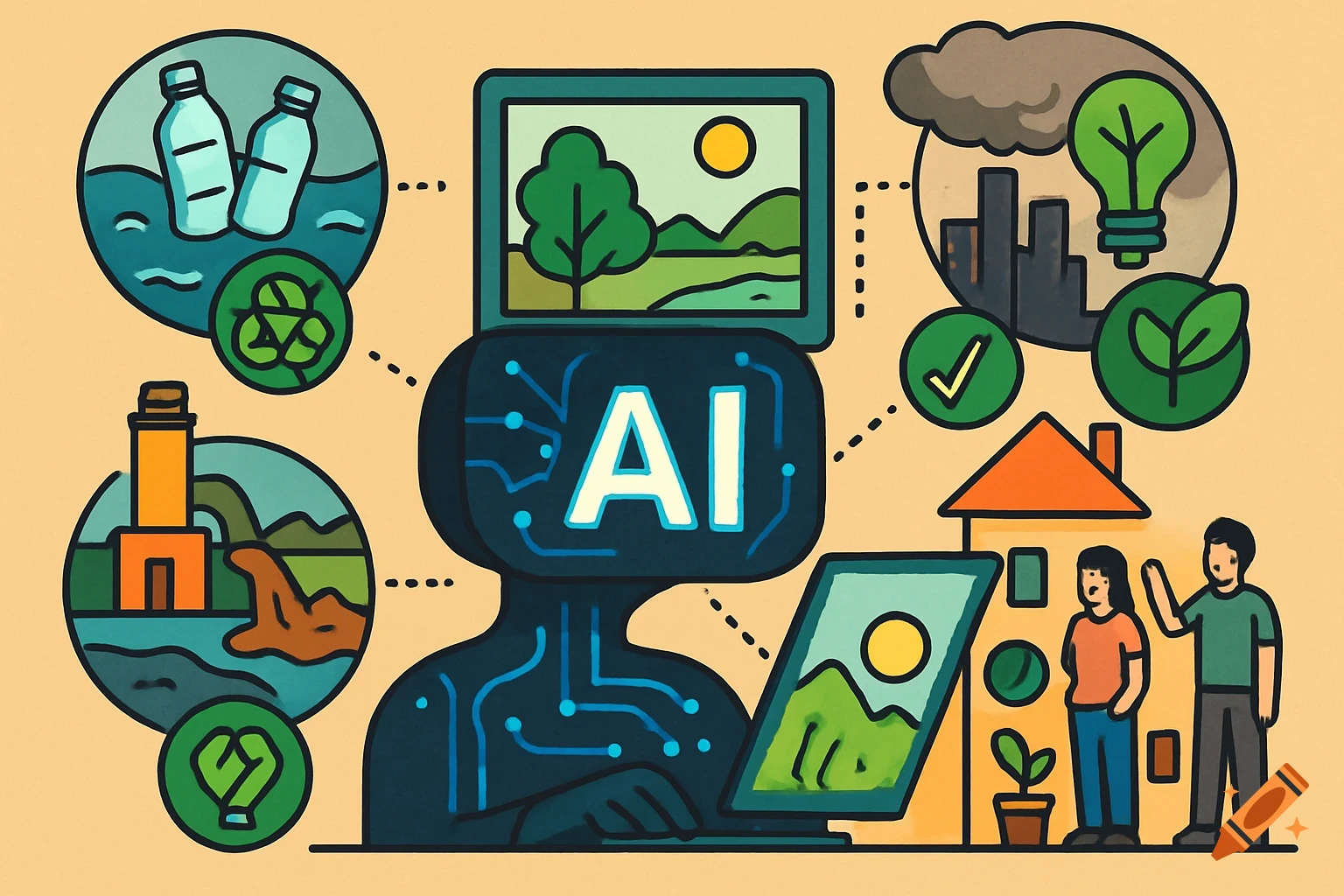 Infographic of an AI system analyzing environmental data, surrounded by icons for recycling, pollution, and green energy.