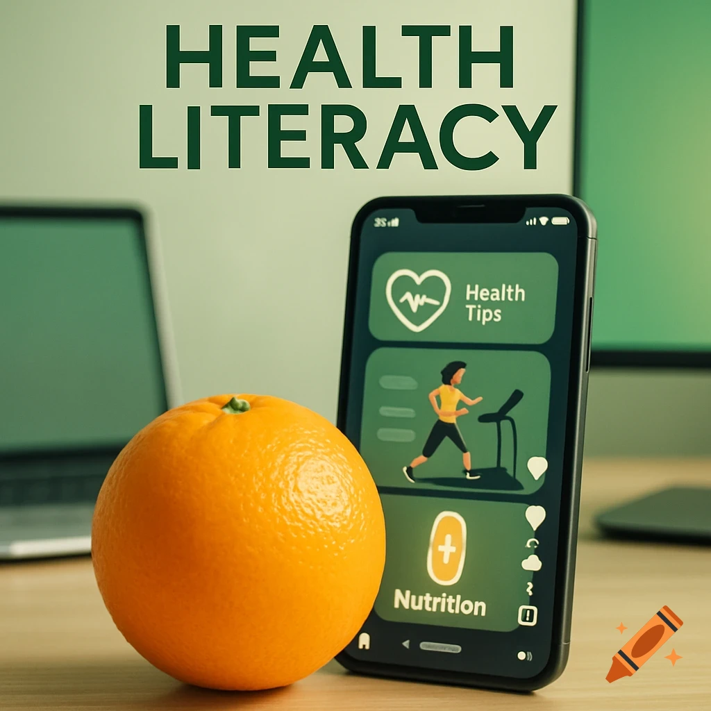 A vibrant orange in front of a smartphone displaying health and nutrition tips, with a blurred laptop in the background.
